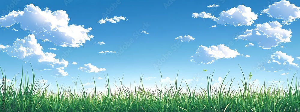 Lush green grass under a vibrant blue sky with fluffy clouds Lush green grass under a vibrant blue sky with fluffy clouds