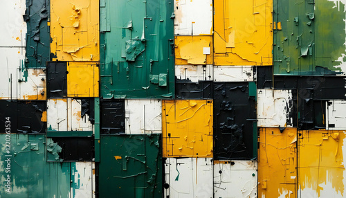 a yellow, black and green painting cubist style on a rough wall texture