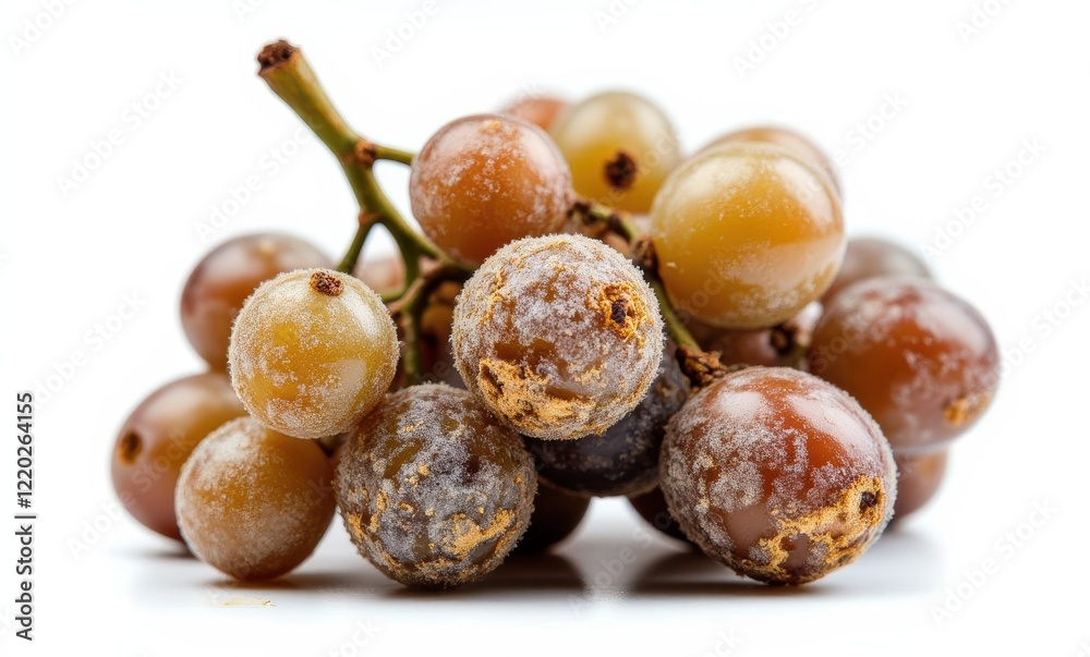 Close-up of moldy grapes on white background Close-up of moldy grapes on white background