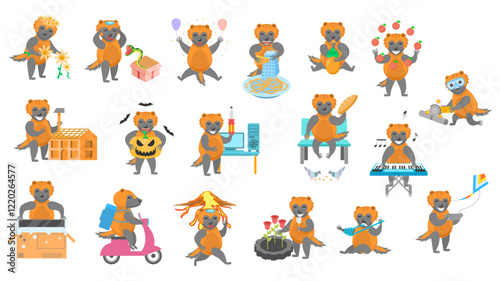 Big Set Abstract Collection Flat Cartoon Different Animal Wolverines Vector Design Style Elements Fauna Wildlife