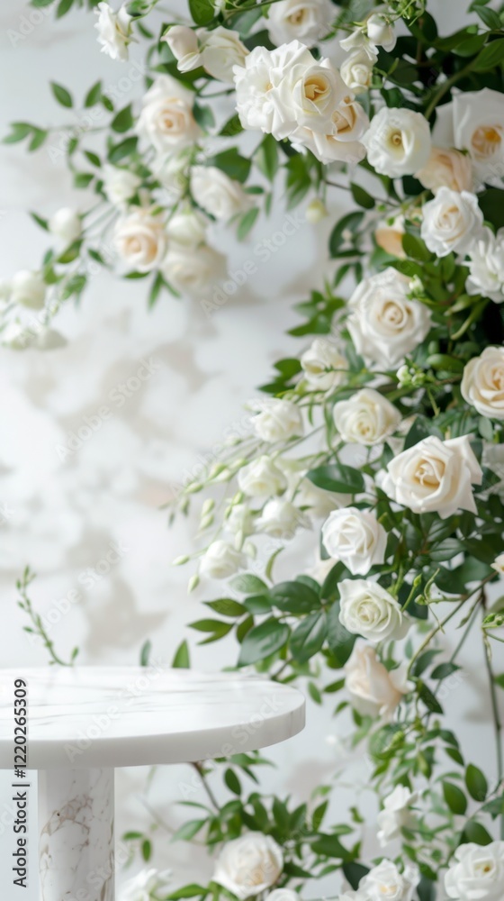 Elegant White Roses and Green Foliage on Marble Table Background Elegant White Roses and Green Foliage on Marble Table Background