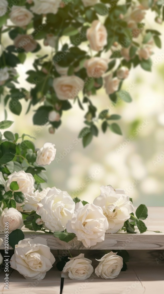 Fototapeta premium Delicate White Roses with Green Leaves on a Soft Background