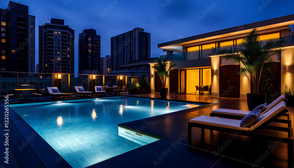 Fototapeta premium Nighttime pool at a luxury resort with reflections and tropical surroundings