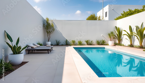 Luxury villa poolside relaxation with clear blue water under the summer sky photo