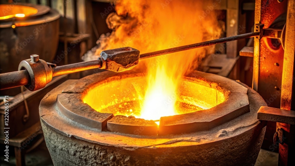 A molten metal half-branch forming in a crucible within a furnace that utilizes a controlled heating and stirring process to achieve uniformity, metal formation, metallurgy A molten metal half-branch forming in a crucible within a furnace that utilizes a controlled heating and stirring process to achieve uniformity, metal formation, metallurgy