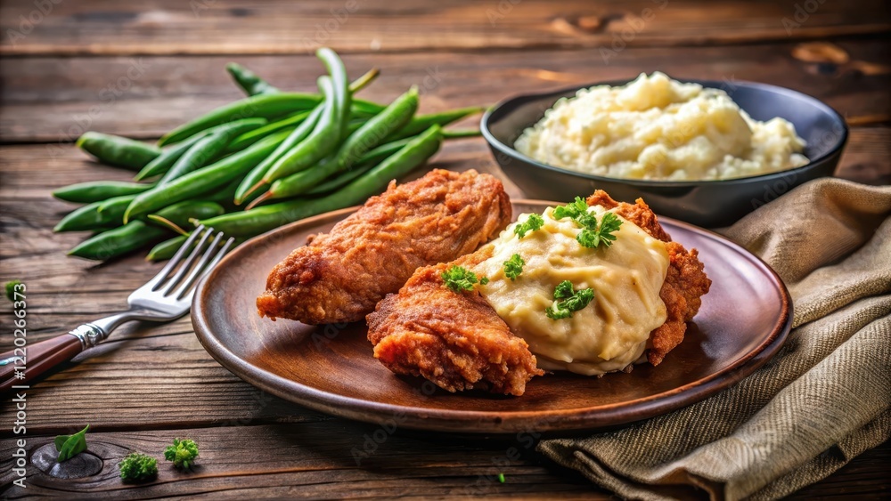 A juicy piece of fried chicken sitting on a wooden table with a side of creamy mashed potatoes and green beans, rustic decor , comfort food A juicy piece of fried chicken sitting on a wooden table with a side of creamy mashed potatoes and green beans, rustic decor , comfort food