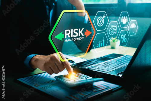 Business Professional Analyzing Risk Management Strategies with Digital Dashboard, Calculator, and Financial Data for Decision Making and Corporate Security Solutions, Financial risk