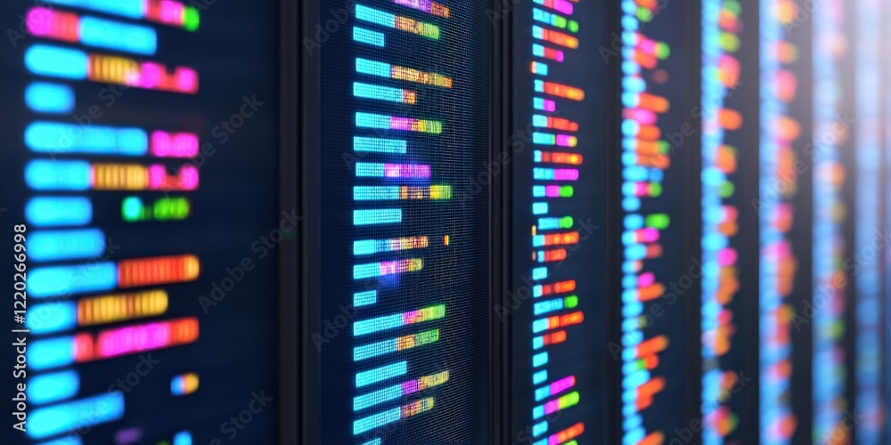 Fototapeta premium A vibrant display of digital data visualizations, featuring colorful sequences on a dark background, representing modern technology and information processing.