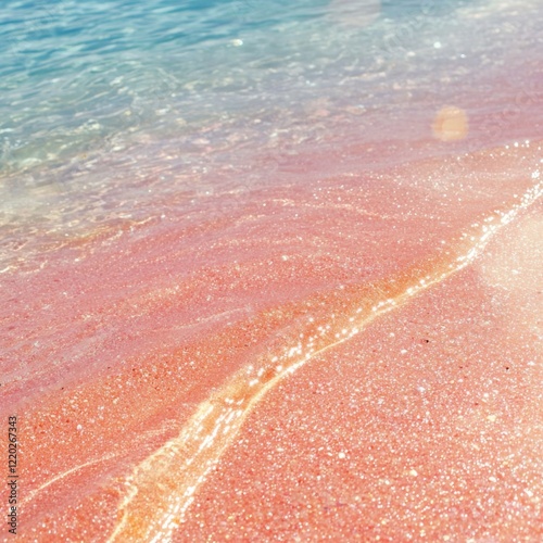 idyllic pink sand beach with shimmering turquoise sea water, showcasing a peaceful atmosphere with soft waves and distant islands