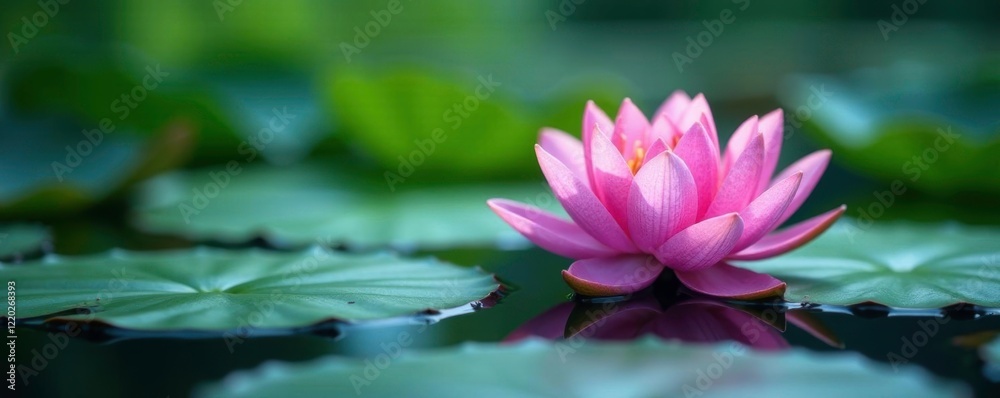 Delicate water lilies float on a peaceful pond with shades of blue purple green, serene, green Delicate water lilies float on a peaceful pond with shades of blue purple green, serene, green