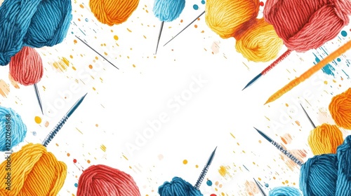 Colorful yarn balls and knitting needles arranged artistically