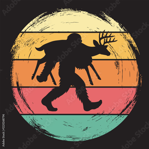 Bigfoot With Sunset Retro illustration vector, Vintage retro Sasquatch Clipart Design, Retro Sunset Vintage Background