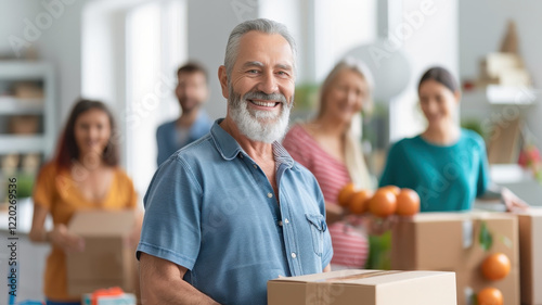 group of people happily helping each other move into new home, carrying boxes and smiling. scene conveys sense of community and teamwork in bright, welcoming environment