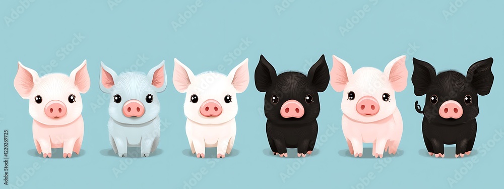 Six cute piglets standing in a row on a blue background, ideal for children's books