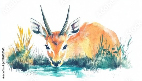 A serene watercolor illustration of a gazelle drinking from a tranquil water source in a lush habitat