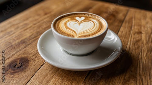 Latte Art  Heart Shaped Cappuccino on Wooden Table