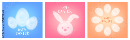 happy easter greeting cards set with cute rabbit and eggs vector illustration design 