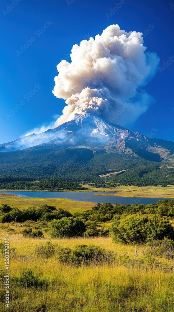 Obraz premium Volcán en erupción con una gran columna de humo bajo un cielo despejado, rodeado de vegetación y un lago cercano