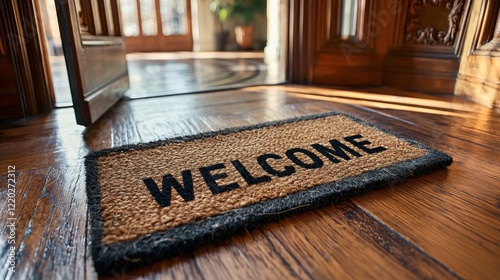 Welcome mat at open door to house, interior background, inviting, home related use