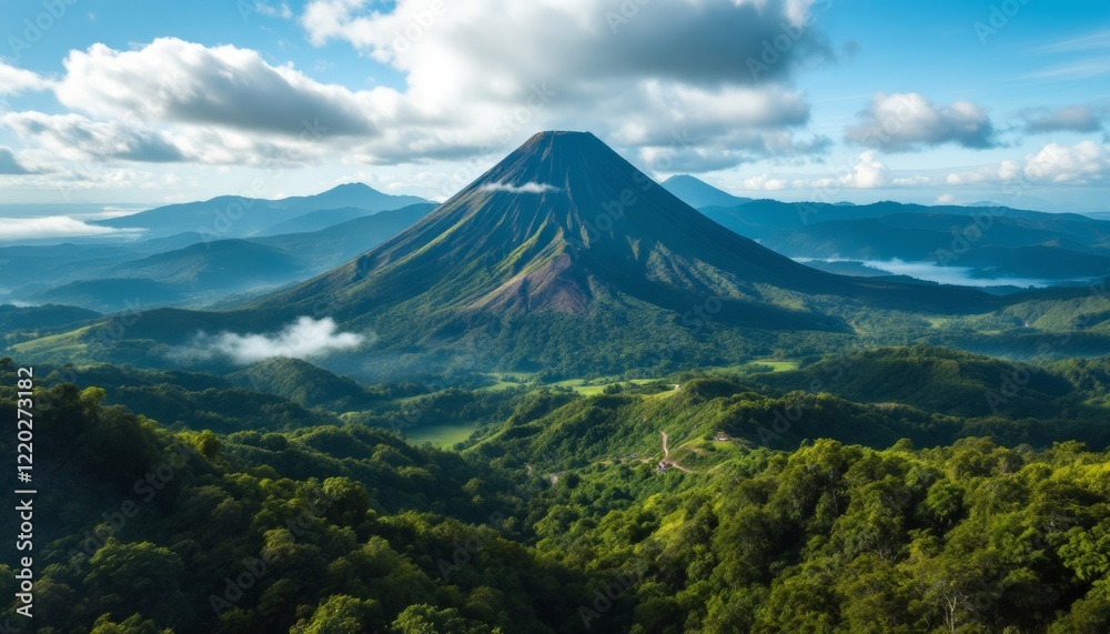 Fototapeta premium Majestic Volcano Dominates Lush Green Mountain Range