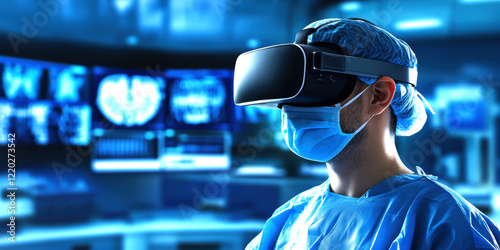 A medical professional wearing a VR headset in a high-tech operating room, utilizing virtual reality technology to enhance surgical procedures and patient care. photo