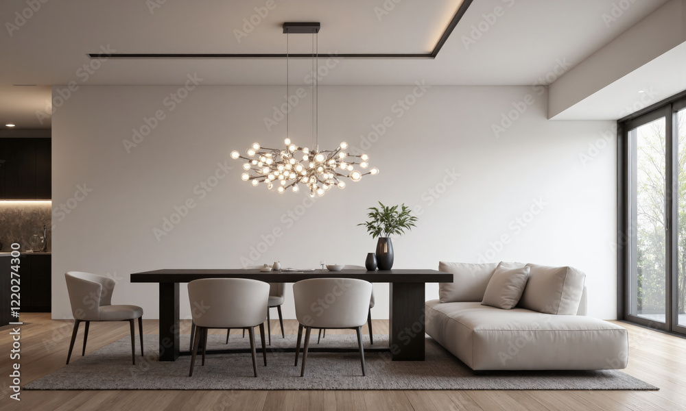 Fototapeta premium A smart chandelier with adjustable light intensity and color temperature based on the time of day. The chandelier features integrated motion sensors that