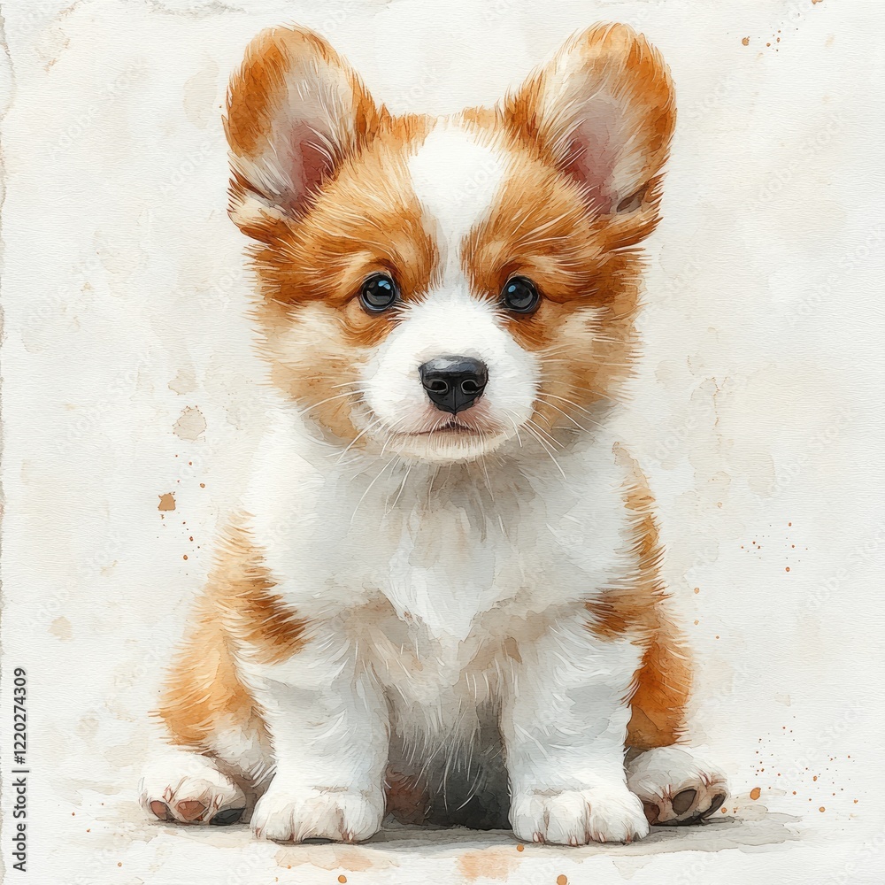 Adorable corgi puppy sitting attentively on a light background, showcasing its playful personality and charm Adorable corgi puppy sitting attentively on a light background, showcasing its playful personality and charm