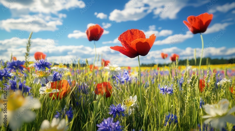 Sunny meadow poppies wildflowers summer field landscape Sunny meadow poppies wildflowers summer field landscape