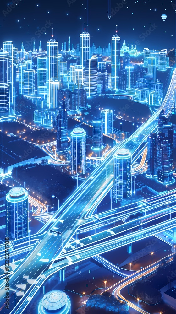 Obraz premium digital technology blue and white 3d smart city poster background
