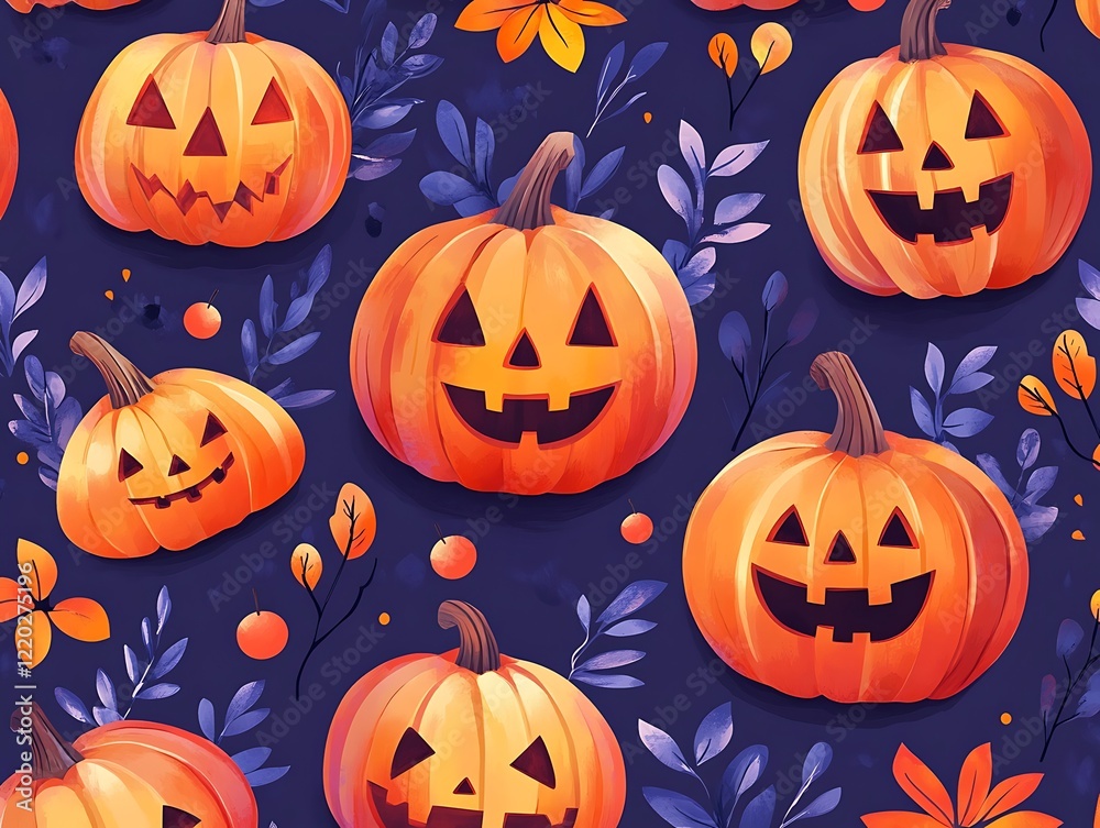 Halloween pumpkins and leaves pattern on dark blue background Halloween pumpkins and leaves pattern on dark blue background