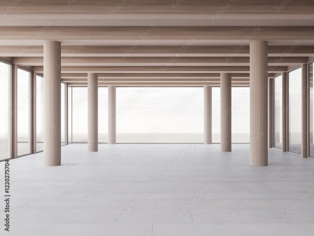 Fototapeta premium Minimalist interior of a modern building with large windows overlooking a serene landscape