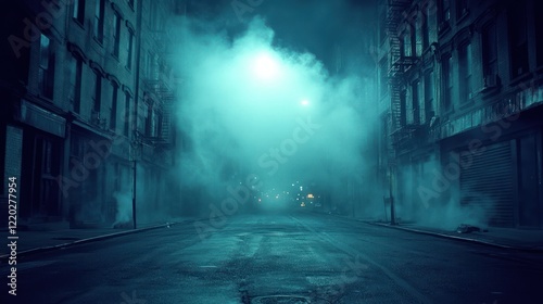 Foggy, dark city street at night.