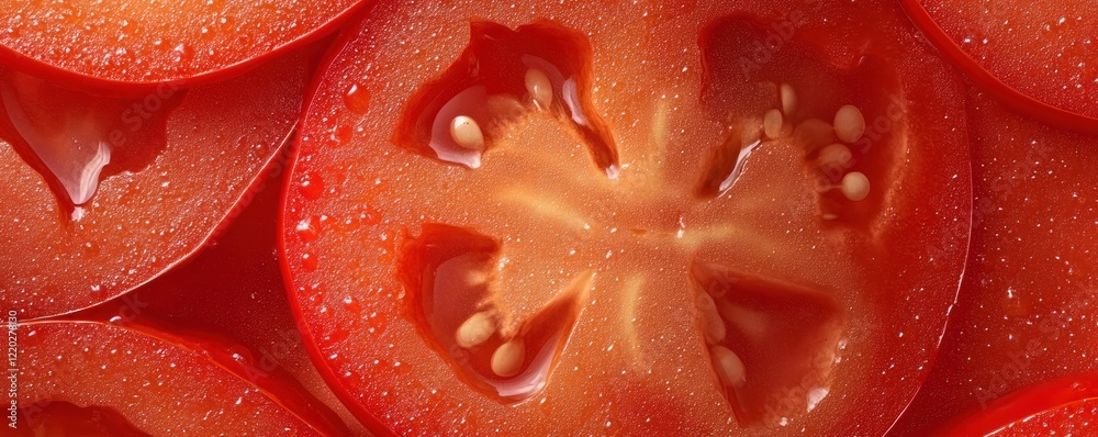 Macro close-up of juicy tomato slices with seeds and water droplets in vibrant red tones Macro close-up of juicy tomato slices with seeds and water droplets in vibrant red tones