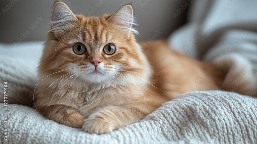 Fluffy ginger cat relaxing on a knitted blanket. Fluffy ginger cat relaxing on a knitted blanket.