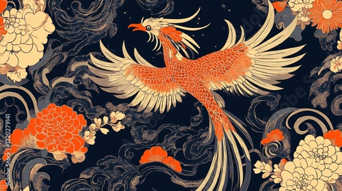 Elegant Phoenix Illustration with Floral Motifs on Dark Background in Traditional Style