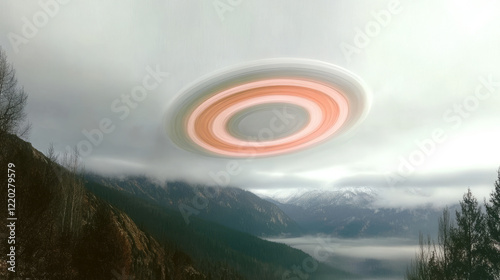 mysterious atmospheric anomaly of circular ufo and swirling cloud over mountain range with disc-shaped object in sky creates unexplained aerial phenomenon above surreal winter landscape photo