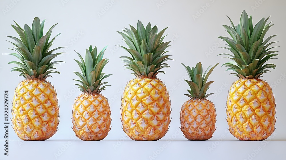 Five pineapples of varying sizes arranged in a row against a white background. Five pineapples of varying sizes arranged in a row against a white background.