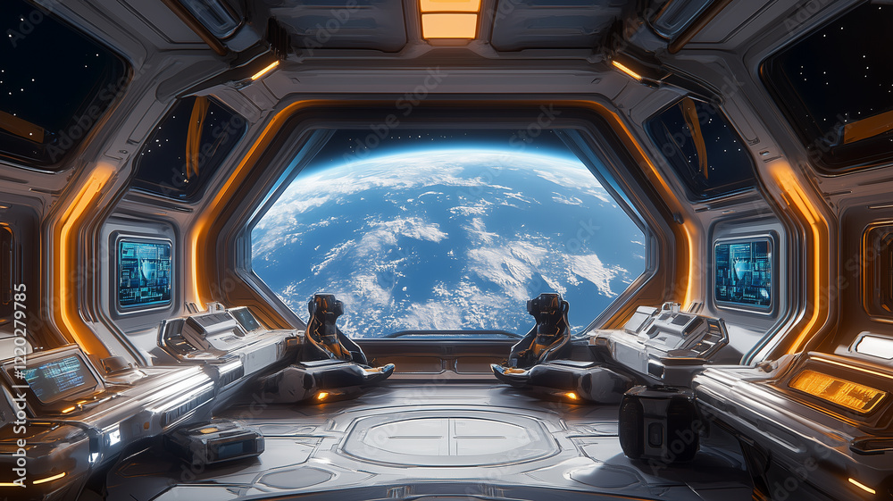 Fototapeta premium Futuristic Spaceship Interior With Earth View