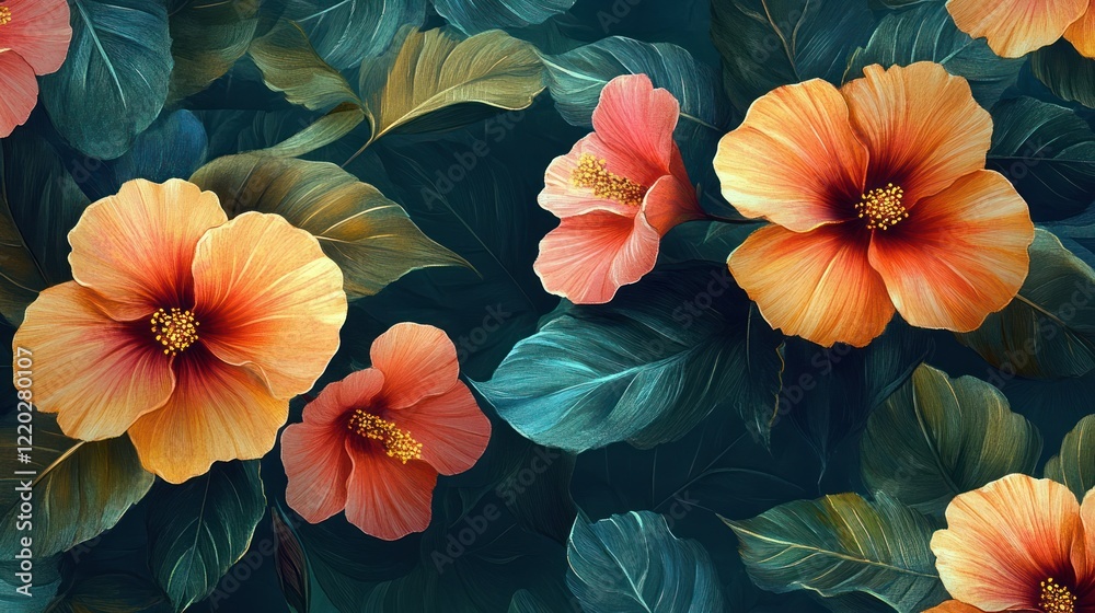 custom made wallpaper toronto digitalLush orange hibiscus flowers blooming amidst dark green leaves.