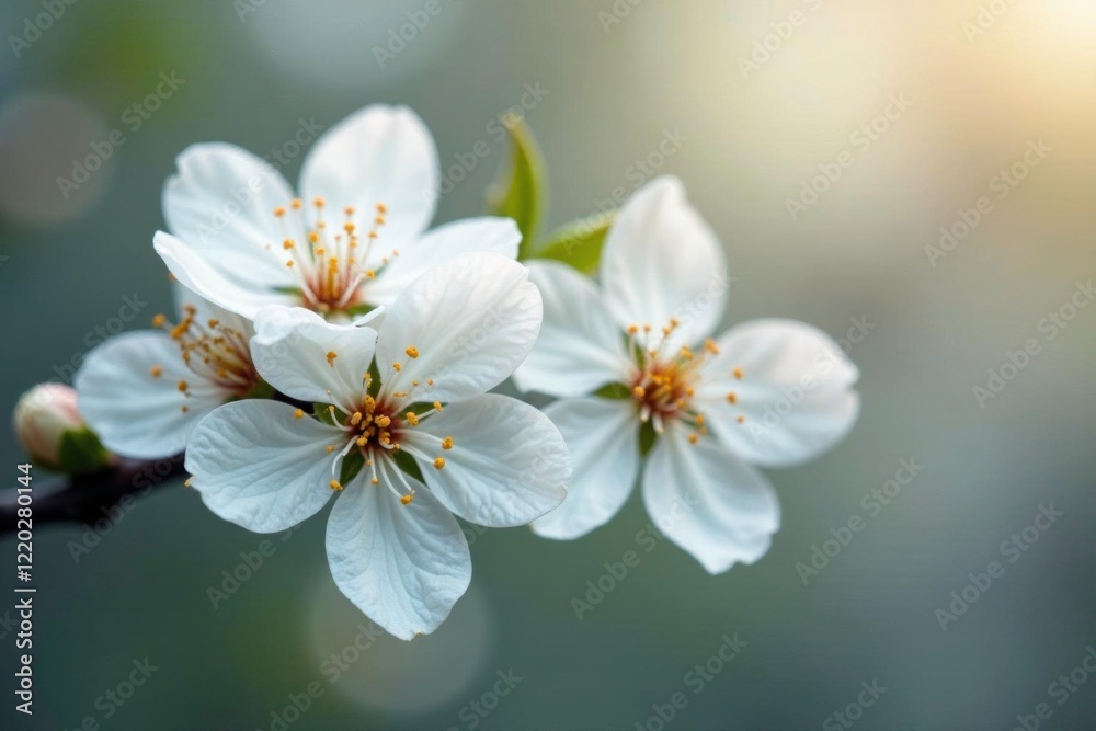 Delicate white blooms on a branch unfolding slowly, petals, flowers Delicate white blooms on a branch unfolding slowly, petals, flowers