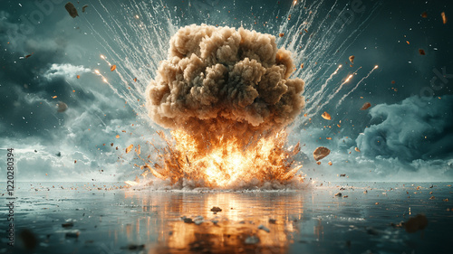 Powerful Explosion With Mushroom Cloud And Fiery Debris Reflecting In Dark Water