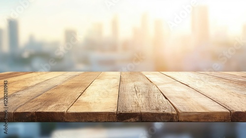 A rustic wooden table is positioned in front of a bustling city street, illuminated by the warm glow of the setting sun