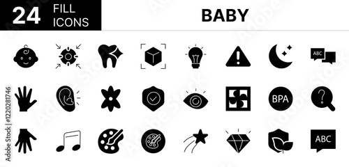 Collection of 24 baby fill icons featuring editable strokes. These outline icons depict various modes of baby, children, toy, feature, tactile, development, skill, coordination, game, therapy, memory,