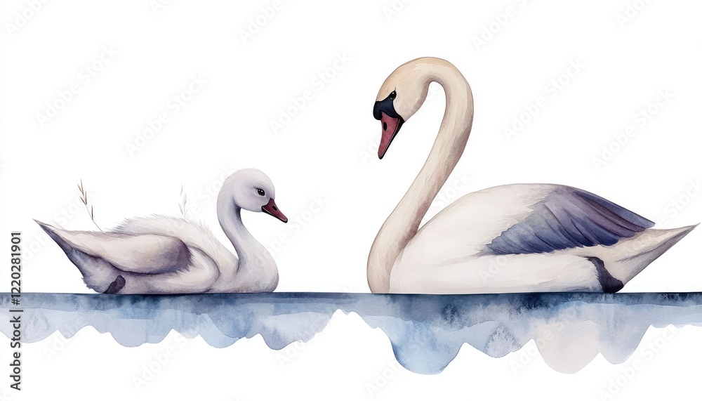 Graceful swans swimming serenely on a tranquil lake, surrounded by soft watercolor reflections and nature Graceful swans swimming serenely on a tranquil lake, surrounded by soft watercolor reflections and nature