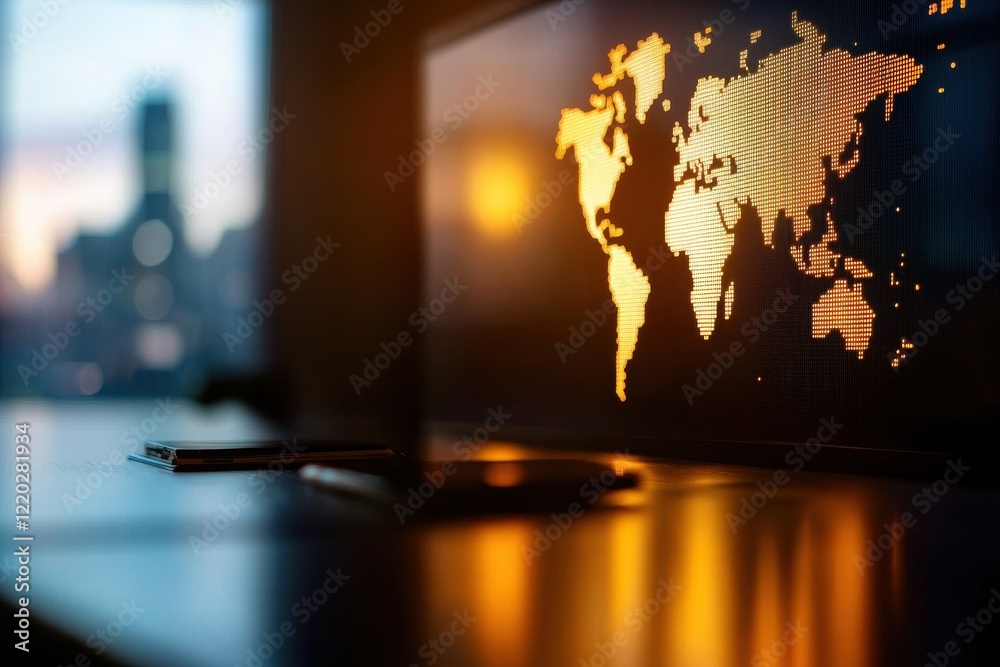 A glowing map of the world displayed on a screen, set against a blurred city background during sunset, creating a warm and modern atmosphere. A glowing map of the world displayed on a screen, set against a blurred city background during sunset, creating a warm and modern atmosphere.