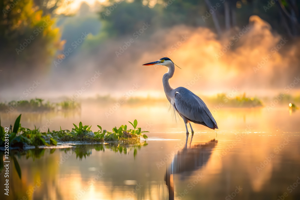 Naklejka premium Heron Wading Peacefully in Misty Wetland Amidst Golden Morning Light