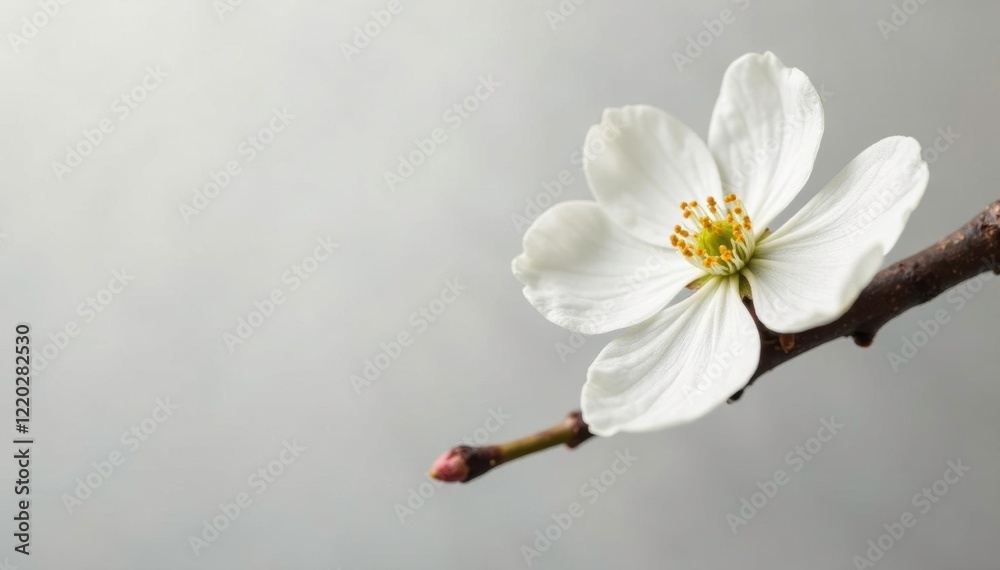 Obraz premium Delicate white blossoms on isolated dogwood tree stem, solitary, petals