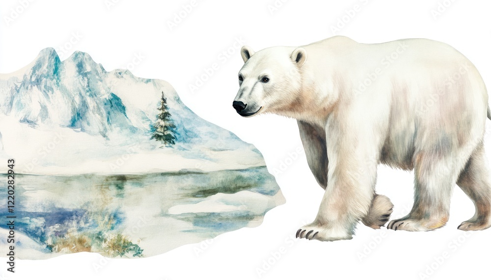Polar bear walking near a snowy landscape with mountains and a frozen lake in the background Polar bear walking near a snowy landscape with mountains and a frozen lake in the background