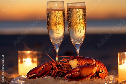 dinner at the beach, showcasing a fresh grilled lobster and two flutes of champagne, with the sun setting over the horizon in a picturesque setting