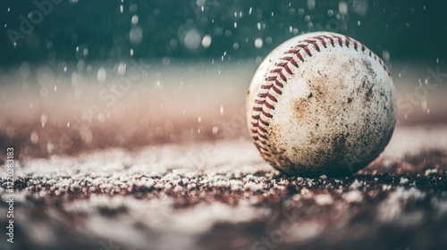 A baseball rolls across a damp infield illuminated by stadium lights during a night game, highlighting the excitement of the atmosphere
